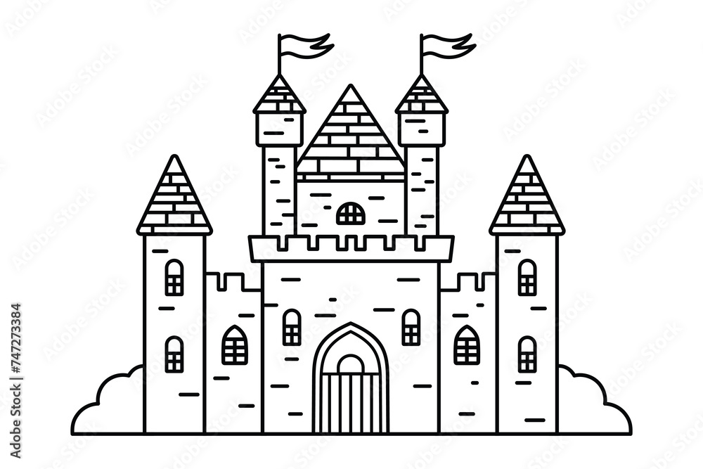 Line art illustration of medieval castle with towers and flags, black and white coloring page, fairy tale architecture concept.