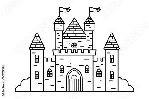Line art illustration of medieval castle with towers and flags, black and white coloring page, fairy tale architecture concept.