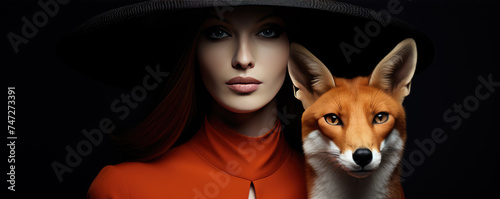 Girl with fox and black hat against black background.