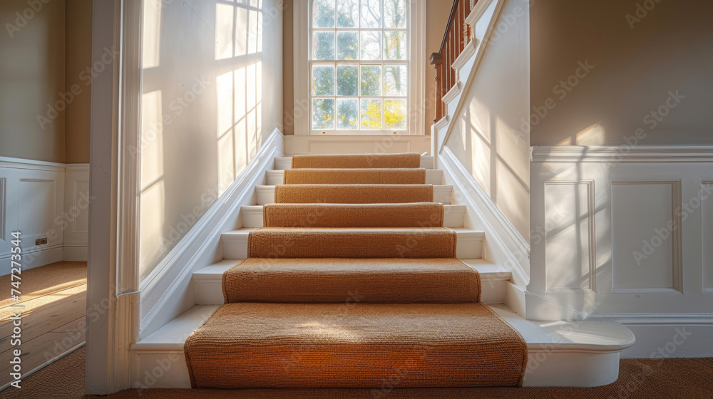 Fototapeta premium Stairs, interior and windows with an empty space in a modern home or office during summer. Family, home and wood floors in a luxury apartment for design, architecture or simplicity with staircase