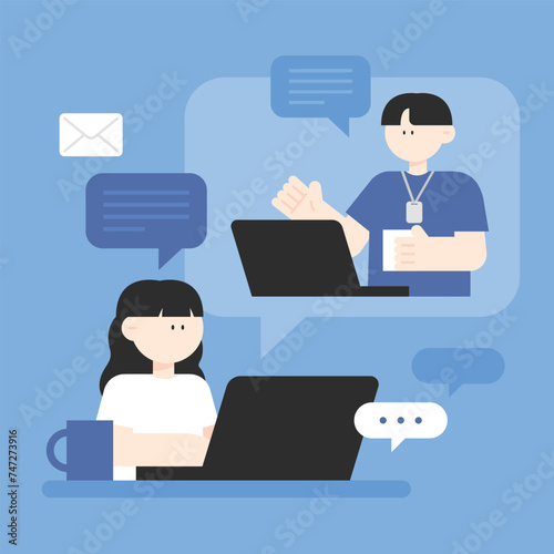 Illustration of man and woman working from home online