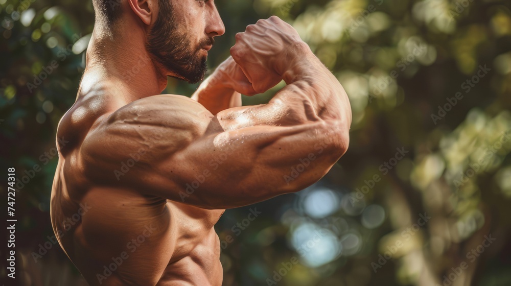 Powerful guy flaunting his pumped, sinewy bicep Stock Photo | Adobe Stock