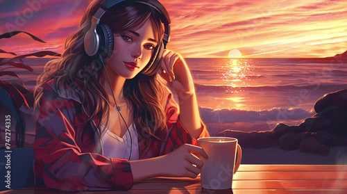 a girl wearing headphone and drink coffee while chilling at the beach lo-fi music illustration animation loop background photo