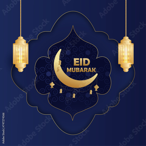 Eid Mubarak islamic night background with golden moon and decorative hangings vector illustration.