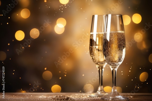 Elegant Champagne Glasses Toasting Against a Sparkling Bokeh Background