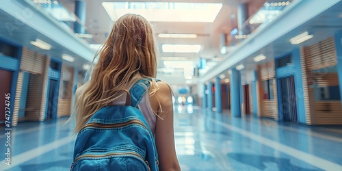 A high school girl navigates the hallways on her first day. Concept High School, Hallways, First Day, New Student, Navigating photo