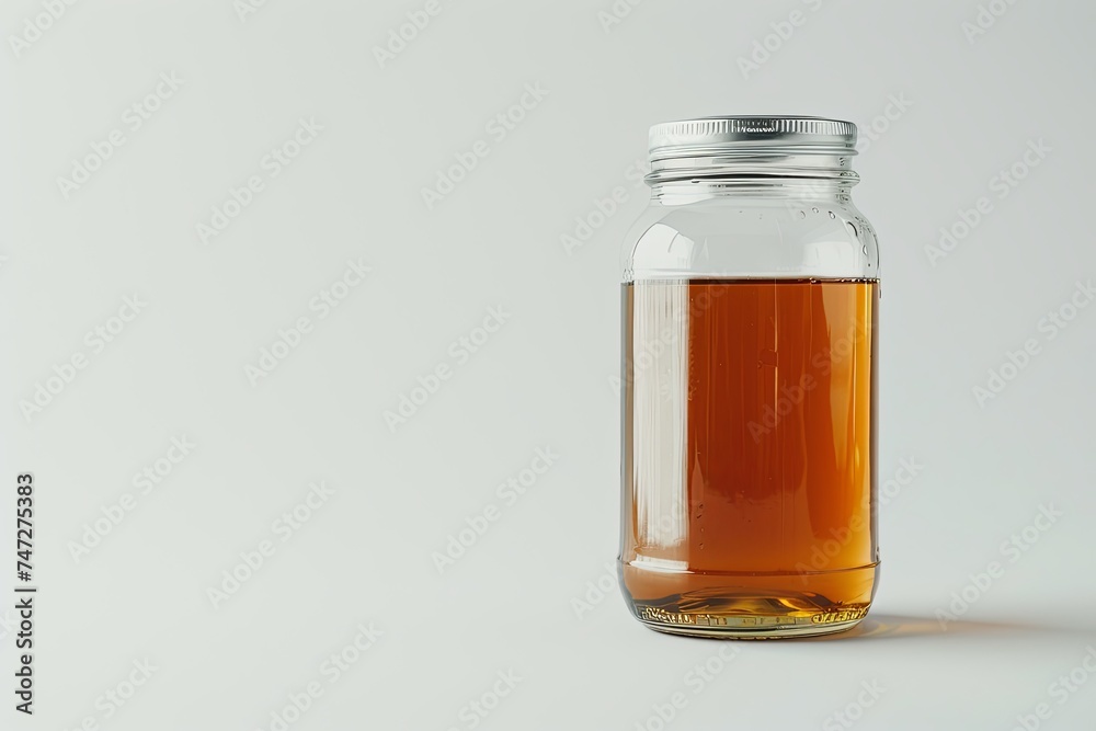 Kombucha tea, contained within a glass jar, stands out against the white backdrop, inviting viewers to savor its vibrant flavor and healthful benefits. Kombucha tea, contained within a glass jar, stands out against the white backdrop, inviting viewers to savor its vibrant flavor and healthful benefits.