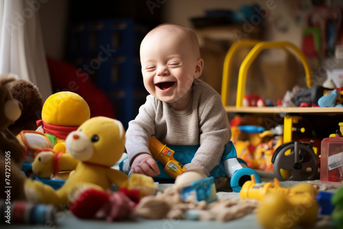 Cute boy with down syndrome plays with toys while sitting at the table