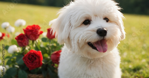 A cute Havanese puppy surrounded by roses for Valentine's Day.