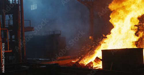 Industrial furnace pouring molten metal in steelworks foundry.