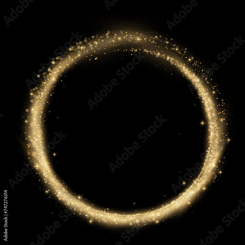 Round frame with golden glitter on dark transparent background. Vector illustration