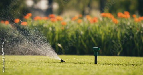 A backyard broken sprinkler system watering the lush green lawn during summer, with a focus on the spray and landscape.