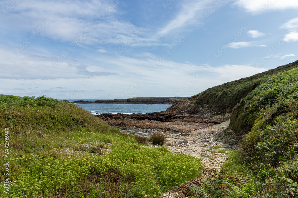 rocky cove surrounded by green field on the coast of asturias in summer