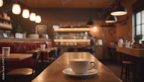 Blurred images of coffee shop cafe interior background and lighting bokeh
