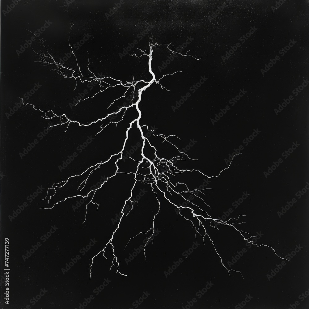 Stark white lightning branches out in jagged lines against a pitch-black sky, resembling the roots of a tree.