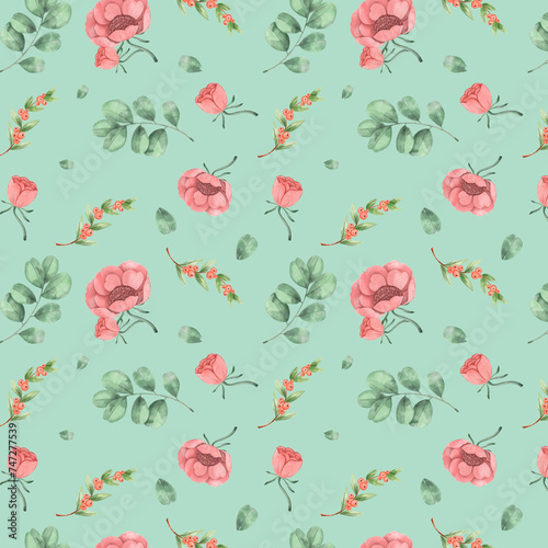 Seamless pattern with flowers and leaves. Hand drawn background. floral pattern for wallpaper or fabric. Flower rose. Botanic Tile.