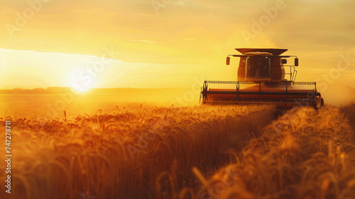 Combine harvester puts grains into a container
 photo