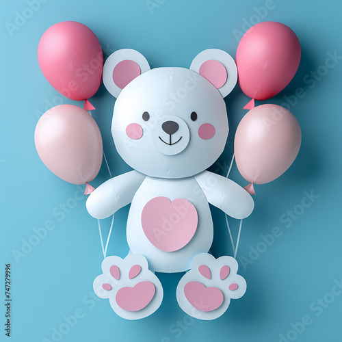 teddy bear with balloons with blue background, very cute