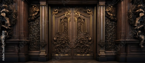 A large bronze door at Koelner Dom is flanked by statues on each side. The door features intricate Li designs that add to its exquisite appearance.