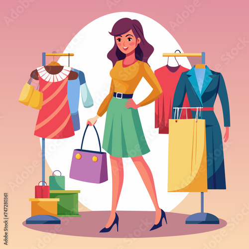 Beautiful Girl Shopping Fashion Cloths full body view illustration