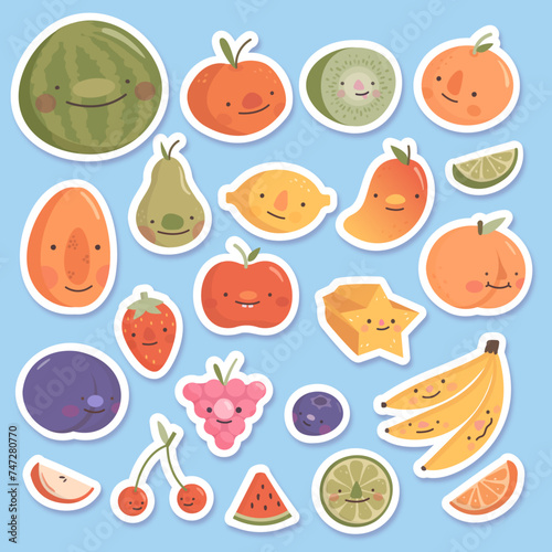 sticker set Collection of fruit tropical healthy flat style cute fruit characters  adorable citrus berry faces with noses kawaii pastel