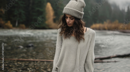 A cozy oversized sweater dress paired with kneehigh boots and a beanie for a casual yet stylish look. photo