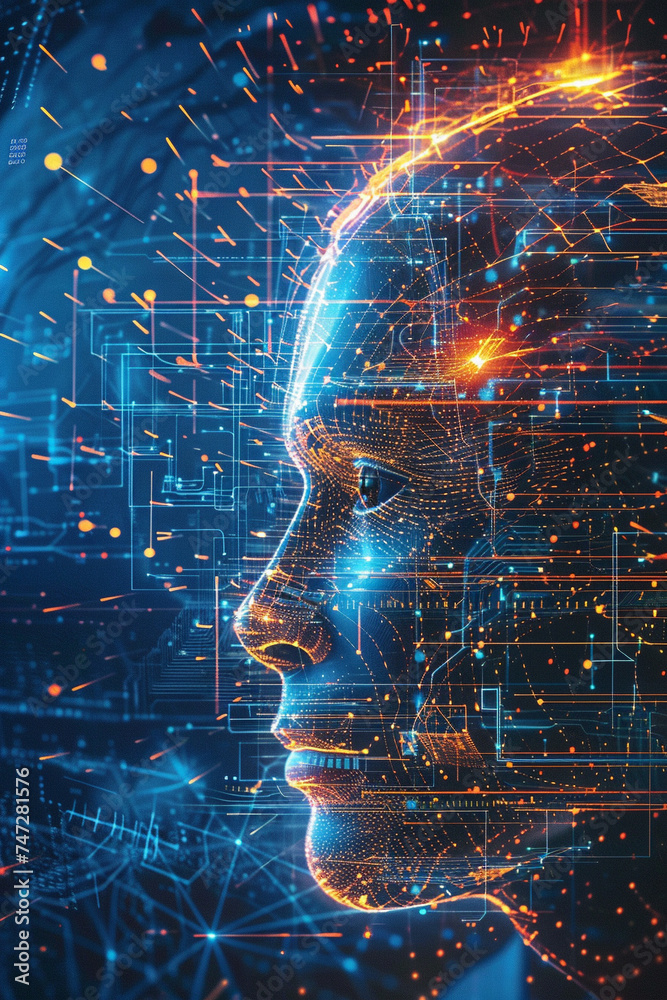 Fototapeta premium Ethereal interface where human intellect merges with machine intelligence, a vision of brain-computer harmony