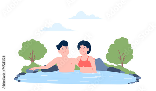 Couple in hot spring. Dating in wellness center or spa thermal natural bath tube. Male female relaxation together, holidays or vacation, recent vector concept