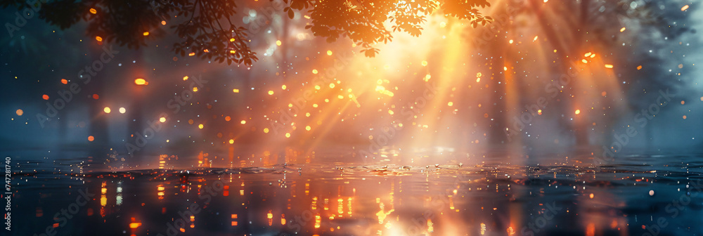 Fototapeta premium Sunlight rays piercing through trees reflecting on water surface with floating particles. Digital art landscape with copy space. Serene nature and tranquility concept for design and wallpaper.