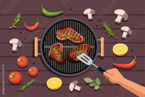 Bbq grill party top view grilled meat and vegetables.Man hand cooking steaks.Vector flat style cartoon illustration photo