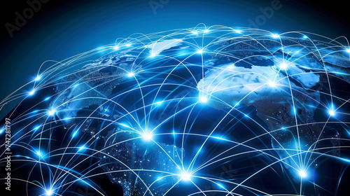 Network of virtual connections enveloping the globe, emphasizing the omnipresent digital age and worldwide connectivity
