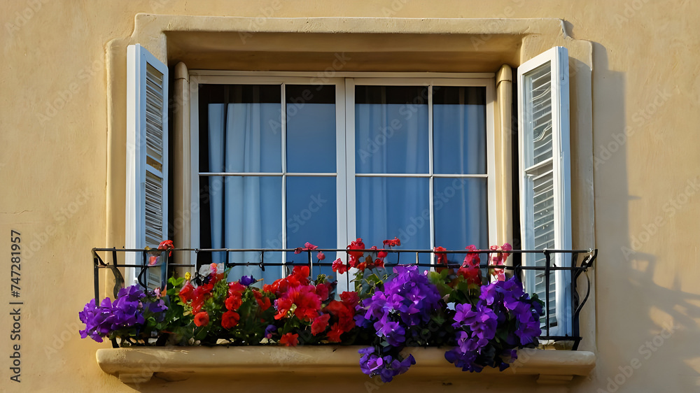 Vibrant Blooms Surrounding a Picturesque Window Frame.