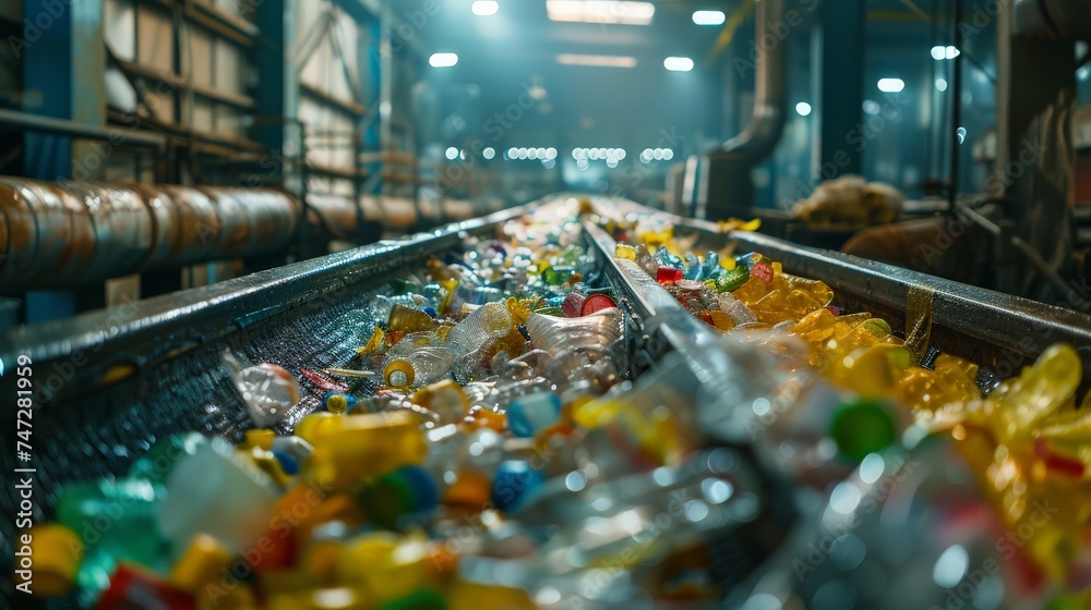 Rows of yellow, green, and blue recycle bins filled with various ...