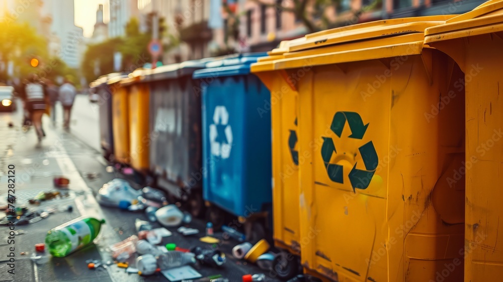 Three separate recycling bins labeled for plastic, paper, and glass in an eco-conscious office environment. Three separate recycling bins labeled for plastic, paper, and glass in an eco-conscious office environment.