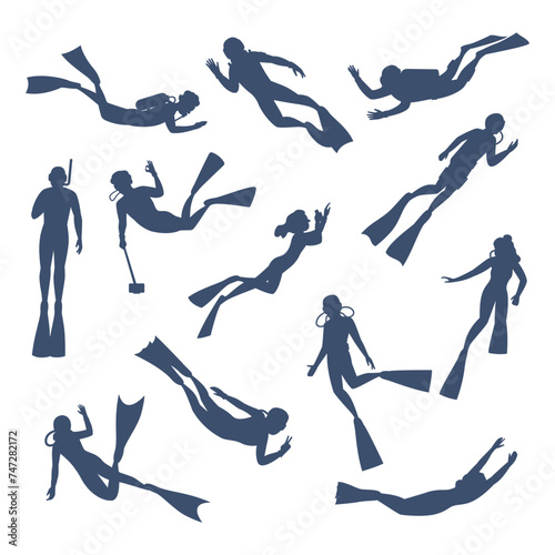 Divers silhouettes. Scuba diving, snorkeling characters with tools and equipment for underwater explore and swimming. Recent vector swim characters photo