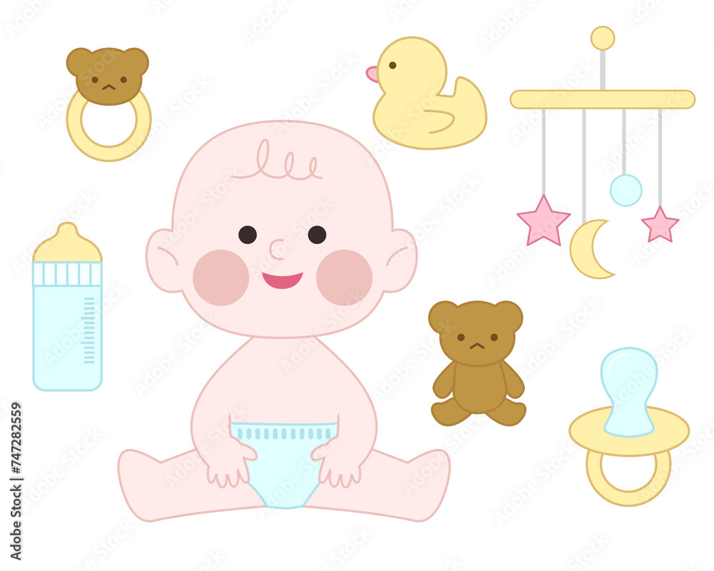 다양한 아기 용품과 귀여운 아기 다양한 아기 용품과 귀여운 아기