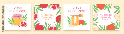 Rosh hashanah celebration cards design. Posters with honey, apples and pomegranate with green leaves. Jewish new year racy vector banners templates