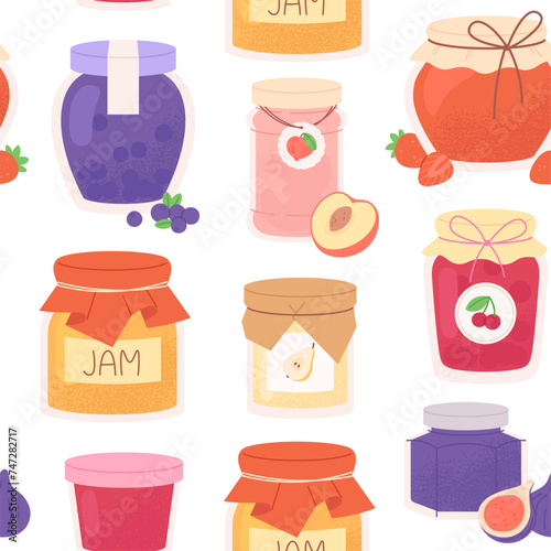 Marmalade jar seamless pattern. Sweet confiture or fruit jam. Berries compote and canned fruits. Homemade preserves racy vector background
