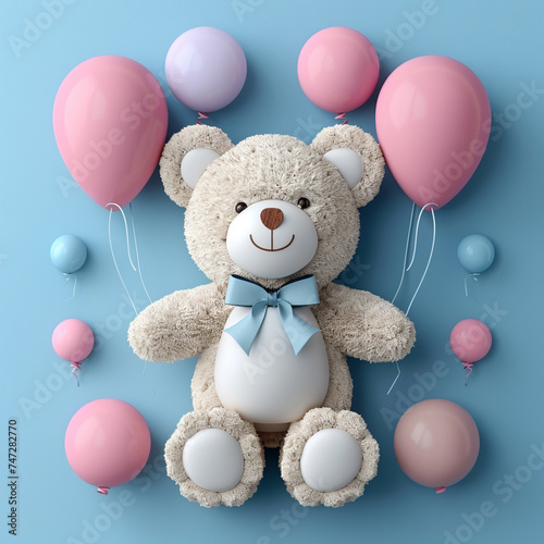 teddy bear with heart shaped balloons with blue background, very colorful, nice art