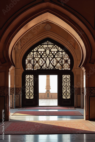 an arched door of an entryway of a mosque  in the style of fractal geometry