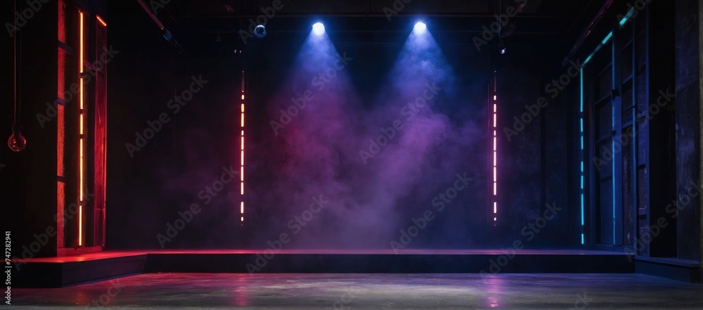Spotlight Illumination on Stage,  Auditorium Smoke with Colored Lights - obrazy, fototapety, plakaty 