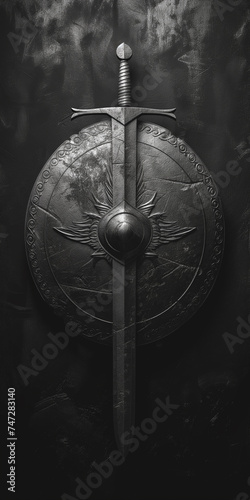 A warrior sparta shield with a sword in black and white