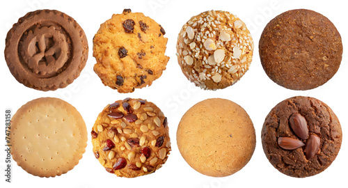 various type of Cakes, cookies, crackers and waffles collection isolated on background with clipping path photo