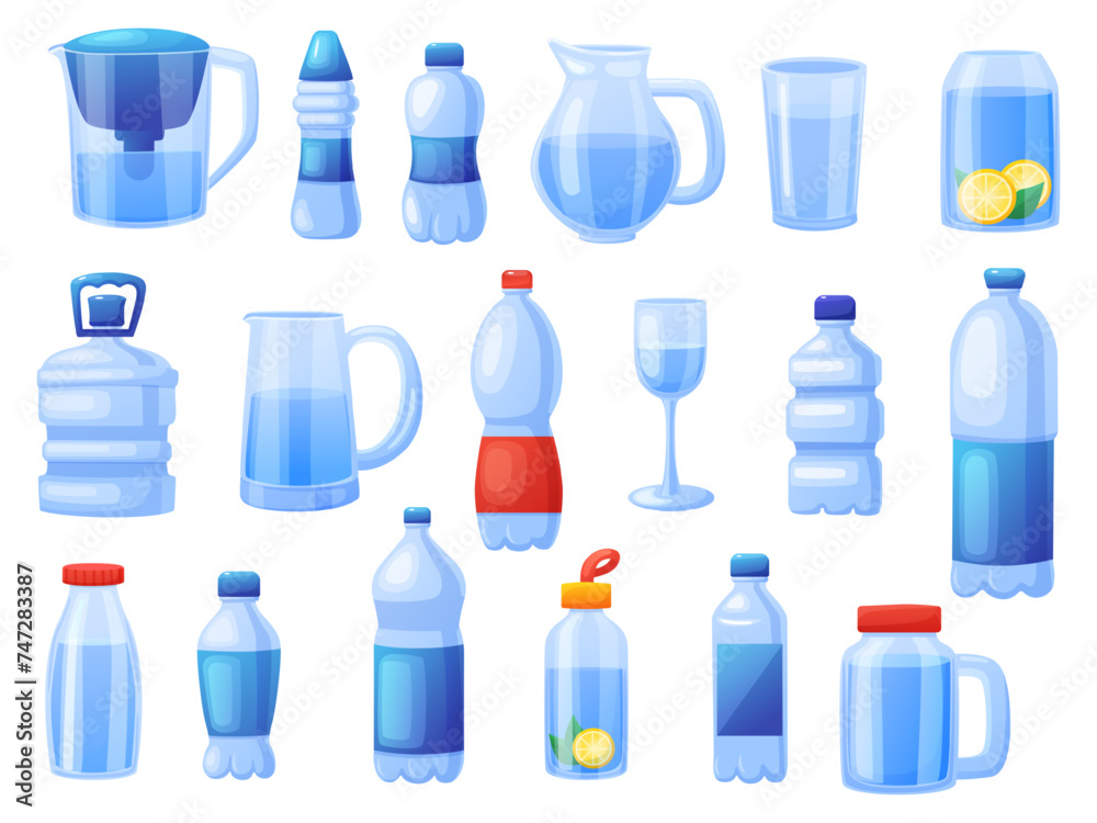 Drink more water. Plastic and glass bottles, glasses, jars and jugs for liquids. Fresh drinks for hot day. Drink with lemon and mint, nowaday vector set Drink more water. Plastic and glass bottles, glasses, jars and jugs for liquids. Fresh drinks for hot day. Drink with lemon and mint, nowaday vector set