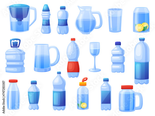 Drink more water. Plastic and glass bottles, glasses, jars and jugs for liquids. Fresh drinks for hot day. Drink with lemon and mint, nowaday vector set
