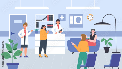 People waiting doctor. Hospital or clinic interior. Patients, administrator and nurse. Young girl at medical center reception, splendid healthcare vector scene