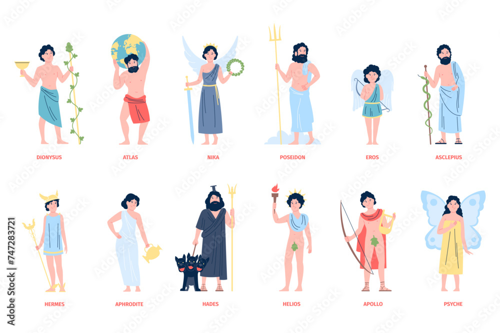 Greek olympian gods and goddess. Mythology of Greece cartoon characters. Cute Eros and Psyche, Aphrodite and Hermes. Myths heroes recent vector set