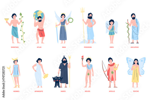 Greek olympian gods and goddess. Mythology of Greece cartoon characters. Cute Eros and Psyche, Aphrodite and Hermes. Myths heroes recent vector set photo
