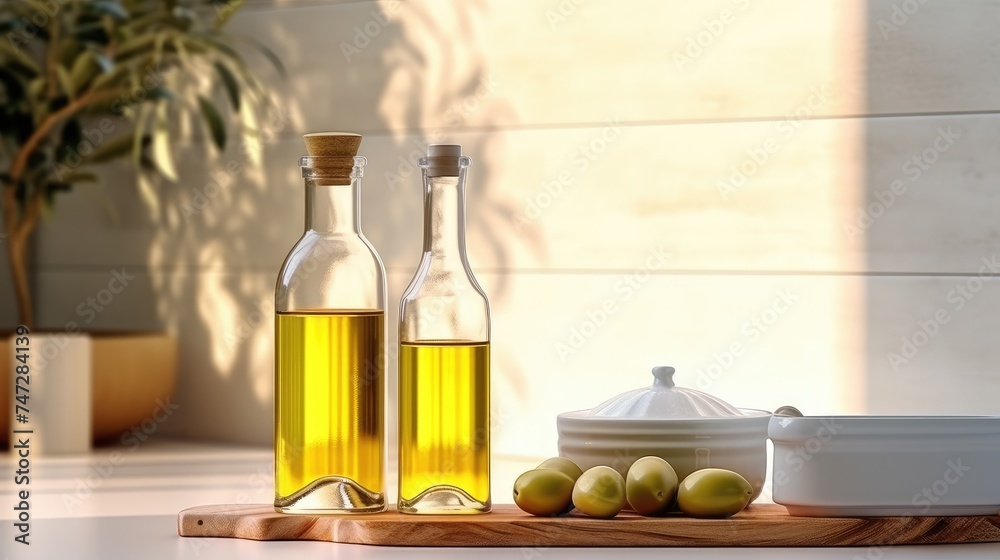 Sunlit Kitchen Counter With Two Bottles of Olive Oil and Fresh Herbs Sunlit Kitchen Counter With Two Bottles of Olive Oil and Fresh Herbs