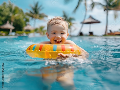 Child swimming in the pool on an inflatable ring